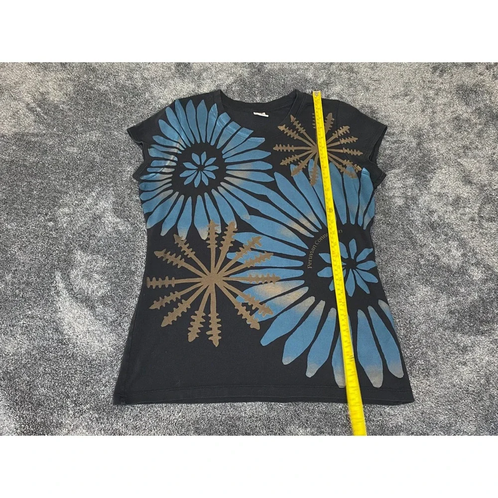 Peruvian Connection Black Blue Gold Floral Sunburst Cap Sleeve Tee Top Large